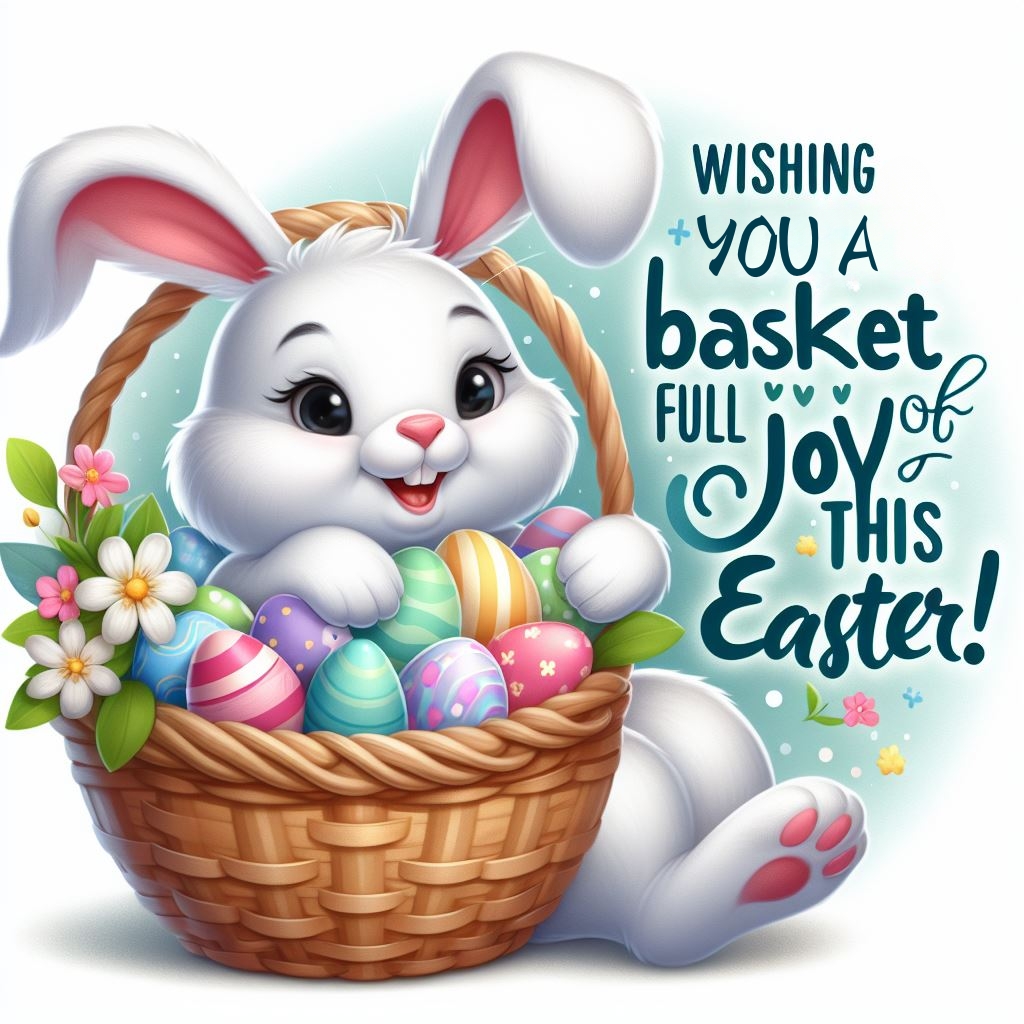 Festive Easter greeting with a basket full of decorated eggs, a cute Easter bunny, springtime flowers with colorful text saying "Wishing you a basket full of joy this Easter!"